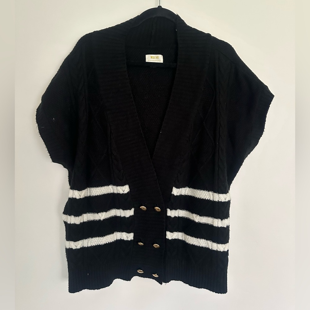 Maeve by Anthropologie Women’s Black Striped Short Sleeve Cardigan Sweater L‎
